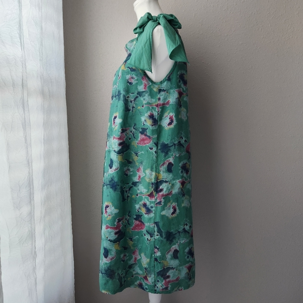 BELLAMBRA MADE IN ITALY 100% Linen Neck Tie Floral Watercolor Printed Dress - Picture 3 of 13